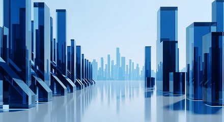 Obraz premium Futuristic cityscape with towering glass skyscrapers reflecting in a sleek, mirrored surface under a clear blue sky, evoking a sense of modern architecture and urban development
