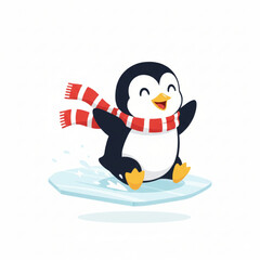 Naklejka premium Cute penguin wearing a red scarf sliding on ice, perfect for winter or holiday-themed cartoon designs.