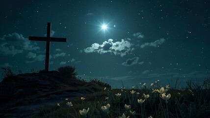 Silhouetted cross on a hilltop beneath a star-filled sky, glowing moonlight, and softly illuminated wildflowers in the foreground.