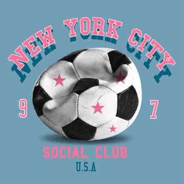 New York City Social Club Football Illustration: A vintage-inspired graphic depicts a deflated soccer ball, emblazoned with New York City Social Club.