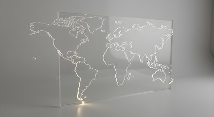 Luminous white world map graphic on glass panel glows with soft light for presentations or backdrops.