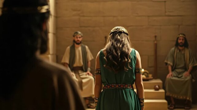 Woman in ancient dress extending arms, then dropping them, in front of a king and men, for biblical scene footage