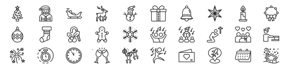 Minimalist Line Icon Set For Merry Christmas And Happy New Year 2026, A Festive Holiday Vector Illustration Collection
