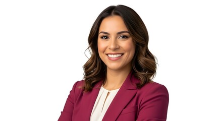Portrait of a smiling young professional woman with dark wavy hair, wearing a maroon blazer and white blouse, isolated on white background