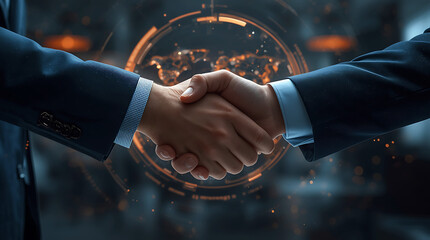 Successful global business partnership handshake signifying agreement with digital world map background for global reach expansion