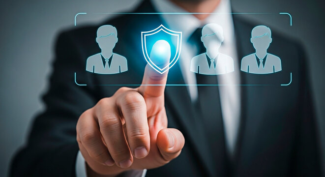 A man's hand activating a digital shield, safeguarding virtual identity. Concept of data security, protection, and privacy.