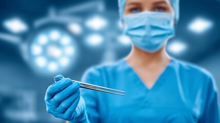 Surgeon in blue scrubs and mask holding surgical forceps in operating room.
