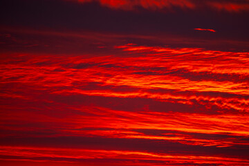 Evening sky displaying dramatic red and crimson clouds