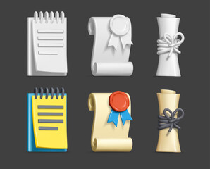 Glossy icons set of paper documents. Paper old script roll tied with rope, tablet with notes and certificate with stamp on dark background. Gradient mesh used. Vector illustration.