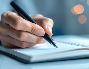 Close up hand writing pen on notebook, soft light, shallow depth of field, blurred bokeh, calm mood