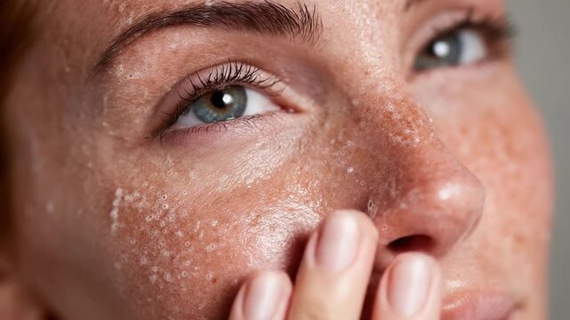 Close-up of a woman's face with white flaky patches on the cheeks and nose, indicating dry skin.