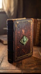 An aged, leather-bound book sits on a wooden surface