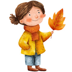 girl is smiling and holding an autumn leaf