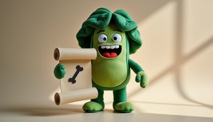 Cartoon vegetable character holding a scroll with a bone icon  