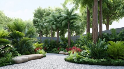 Fototapeta premium Lush Tropical Garden Pathway Surrounded by Vibrant Foliage, Tall Palm Trees, and Colorful Plants Creating an Inviting Natural Oasis in a Tranquil Setting