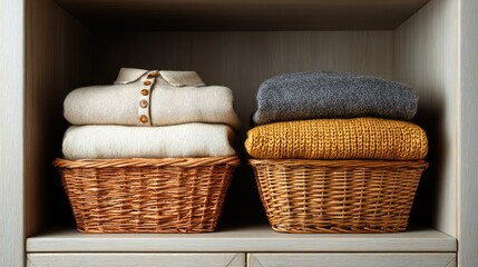 Obraz premium Cozy and Neatly Organized Sweaters in Baskets on a Wooden Shelf for a Warm and Inviting Home Aesthetic in a Modern Interior Space
