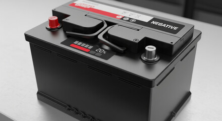 Modern Automotive Battery Showing Low Charge on a Digital Display.
A sleek, close-up photograph of a modern black automotive battery featuring a digital status indicator that displays a low
