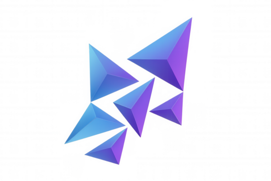 Abstract 3d geometric pyramids with a blue and purple gradient color scheme, floating against a transparent background