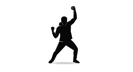 Obraz premium Black silhouette of a person with raised fist, symbolizing triumph, victory, and success