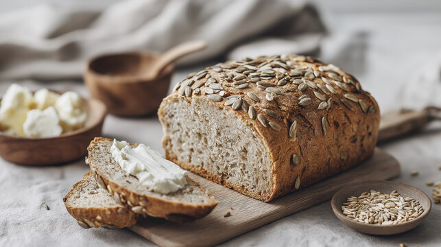 Seeded bread sunflower seed whole grain rustic loaf sliced butter wooden board cozy kitchen fresh artisanal bread with sunflower seed wooden board - Powered by Adobe