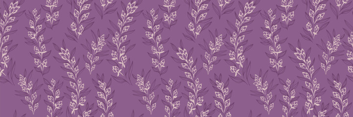 Seamless vector floral pattern with delicate hand drawn branches and leaves in soft beige on purple background. Elegant botanical design for fabric, wallpaper, and packaging