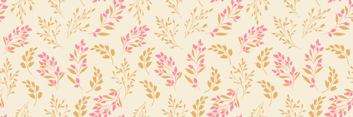 Seamless vector floral pattern with beige background, golden leaves, and pink blossoms. Elegant botanical design for fabric, packaging, stationery, and wallpapers