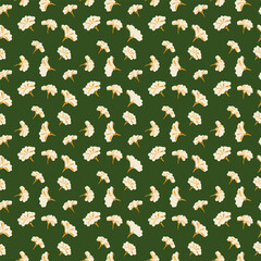Seamless vector floral pattern with small cream blossoms on deep green background. Elegant botanical design for textiles, packaging, wallpaper, and surface prints