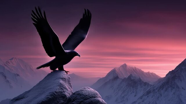 An Eagle Stands Proudly on a Snowy Mountain Peak