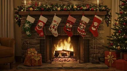 Christmas stockings hanging above fireplace with fire glowing warmly - Powered by Adobe