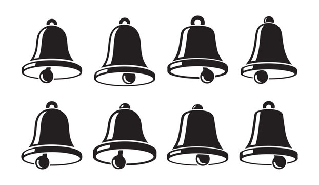 Collection of black ringing bell icons in minimal style for holiday, church, and alert symbol vector illustrations