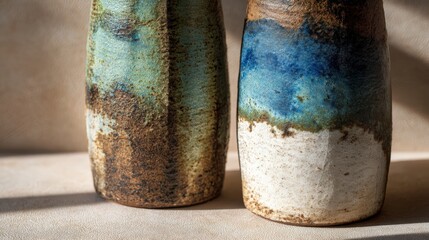 Handcrafted ceramic vases with distinctive glazing techniques in natural lighting