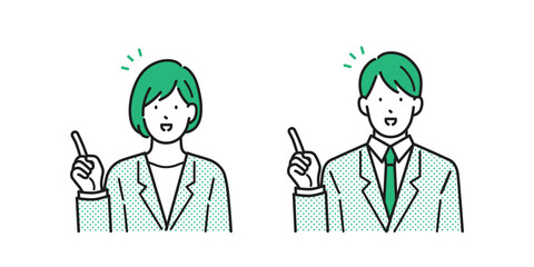 イラスト素材：指差しで説明するスーツを着た若い男女のセット