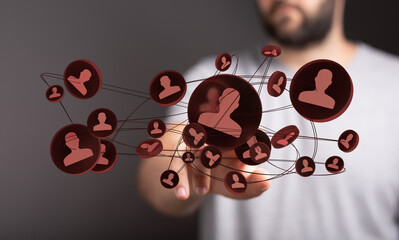 Close up of hand connecting digital people network. Abstract of global connections and social media interaction.