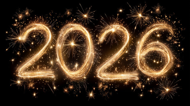 2026 happy new year text created with sparklers and fireworks in the night sky, glowing gold letters, festive lights and celebration energy new year 2026, sparkler writing, golden