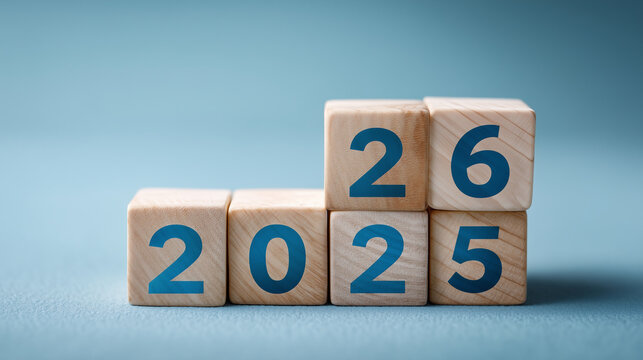 Wooden cubes with blue numbers changing from 2025 to 2026 on pastel blue background, minimalistic new year concept, flat lay style new year 2026, minimalism design, blue background
