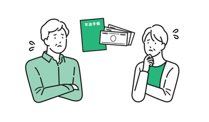 イラスト素材：年金のことについて不安になるシニア夫婦