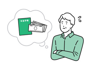 イラスト素材：年金のことで不安になるシニア男性のイラスト