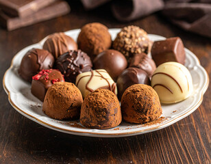 Indulge in a decadent assortment of gourmet chocolate truffles on a platter, perfect for Valentine's Day or a sweet treat celebration