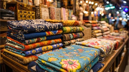 Colorful stacked fabrics in a market display with intricate patterns and textures