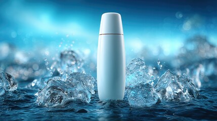 A sleek blue bottle standing amidst splashes of water, set against a serene blue background