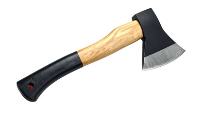 Axe with wooden handle and black grip, sharp blade on black