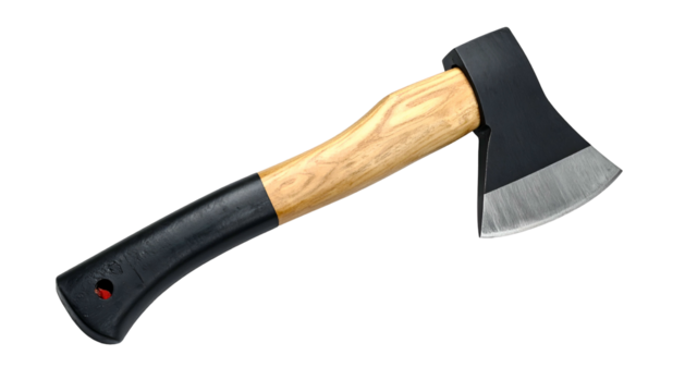 Axe with wooden handle and black grip, sharp blade on black