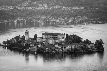 Night view of the San Giulio Island, in the middle of Orta Lake (Piedmont, Northern Italy): it is home to a convent of cloistered nuns.