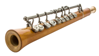 Wooden flute section with keys, golden tone, angled shot