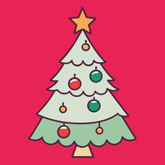 Naklejka premium Christmas Tree with Ornaments and Star – Outline style on red background