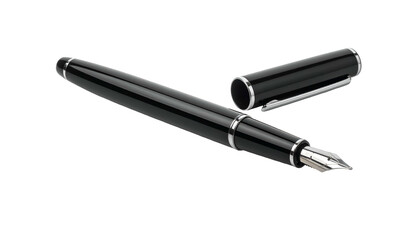 Sleek, black fountain pen with silver accents, cap off