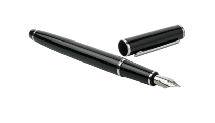 Sleek, black fountain pen with silver accents, cap off