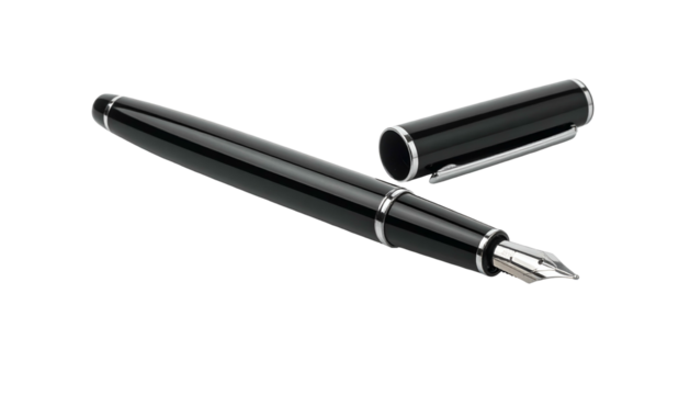 Sleek, black fountain pen with silver accents, cap off