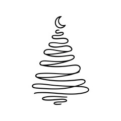 Abstract continuous line drawing of a christmas tree with crescent moon minimalist holiday art vector