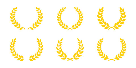Greek laurel icons set. Circular foliage branches and wreath silhouettes, trophy crests, Greek olive branch awards, and winner round emblems. © drawing lines